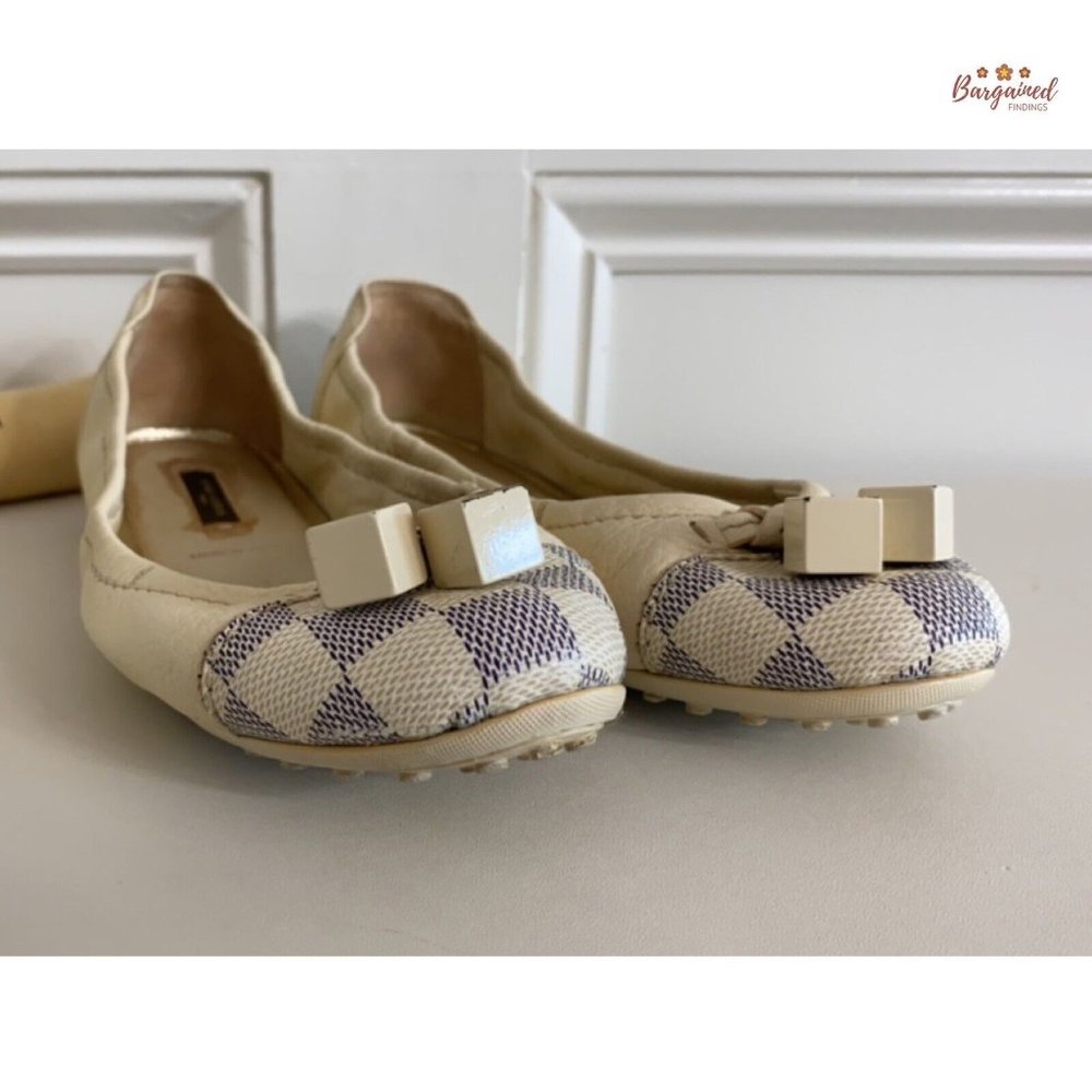 Auth Louis Vuitton Damier Azur Leather Lovely Scrunch LV Cube Ballet Flats 6.5 - Picture 11 of 13